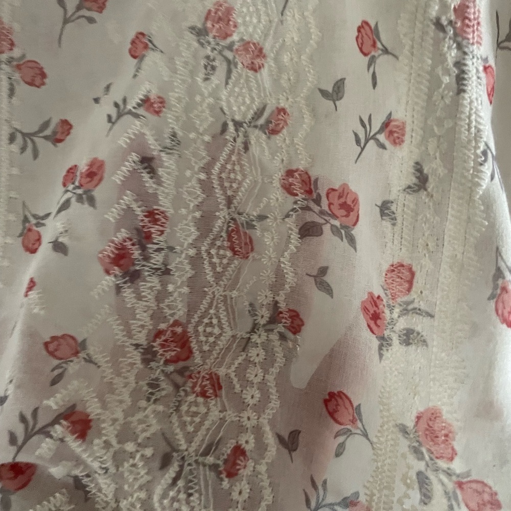 Sheer Cottagecore Floral Lace Blouse - Ivory with Pink Roses 3/4 length sleeves - Picture 2 of 5